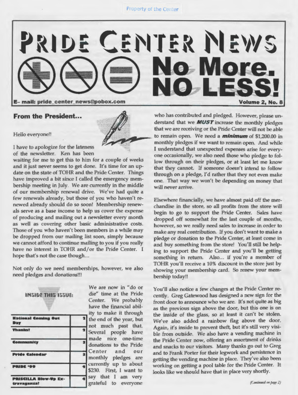 Pride Center News : v.2:no.8(1998)