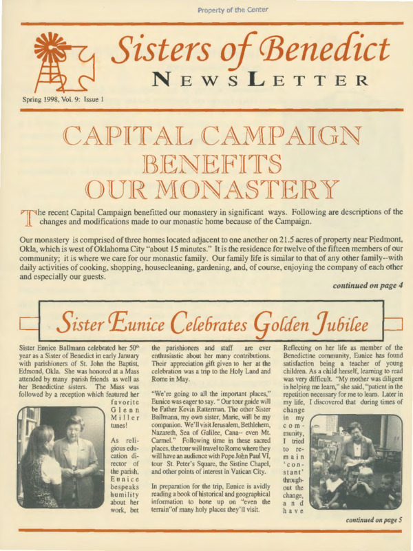 Sisters of Benedict Newsletter : v.9:no.1(1998:Spring)