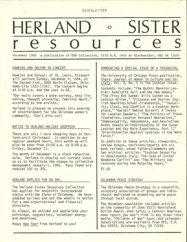 Herland Sister Resources : Dec. 1984