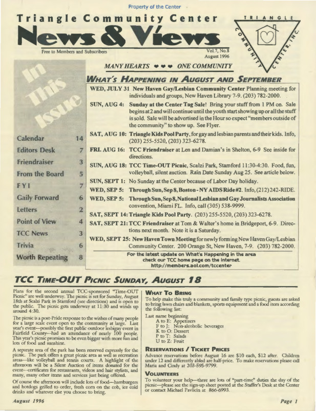 Triangle Community Center News & Views : v.7:no.8(1996:Aug.)