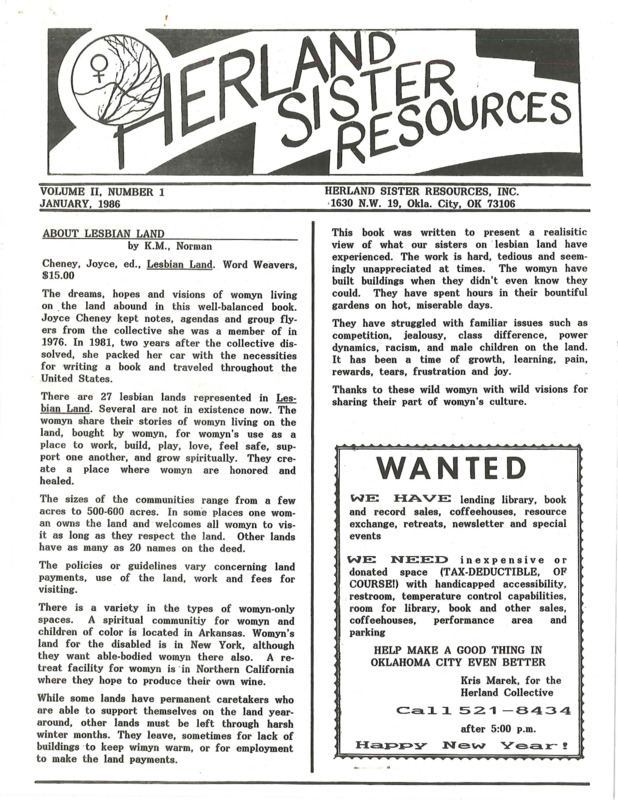 Herland Sister Resources : v.2: no.1(1986)