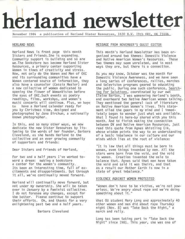 Herland Newsletter : Nov. 1984