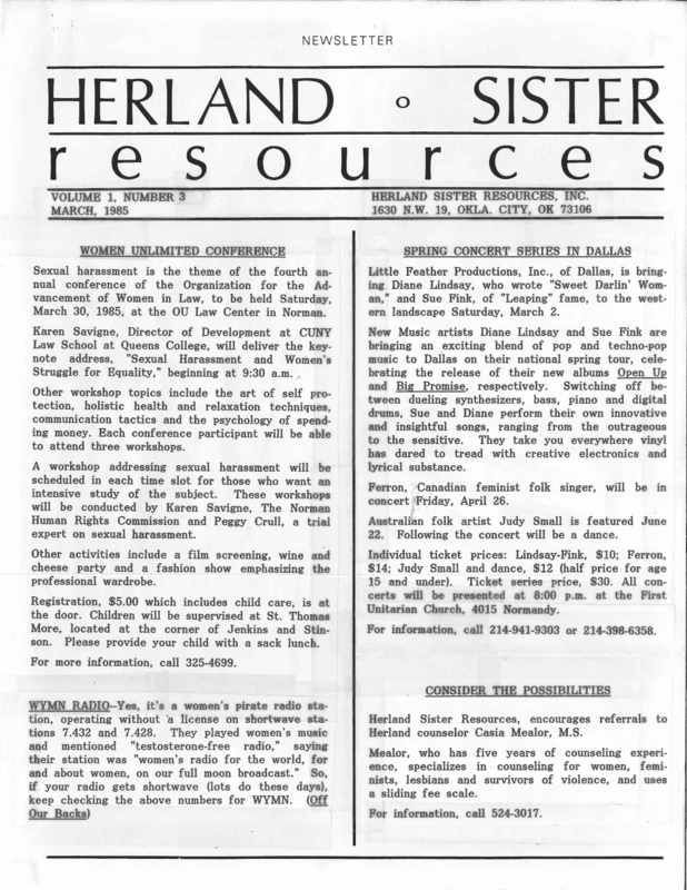 Herland Sister Resources : v.1: no.3(1985)