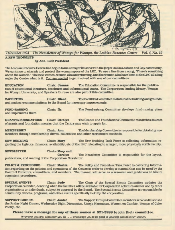 The Newsletter of Womyn for Womyn : v.4:no.10(1993:Dec.)